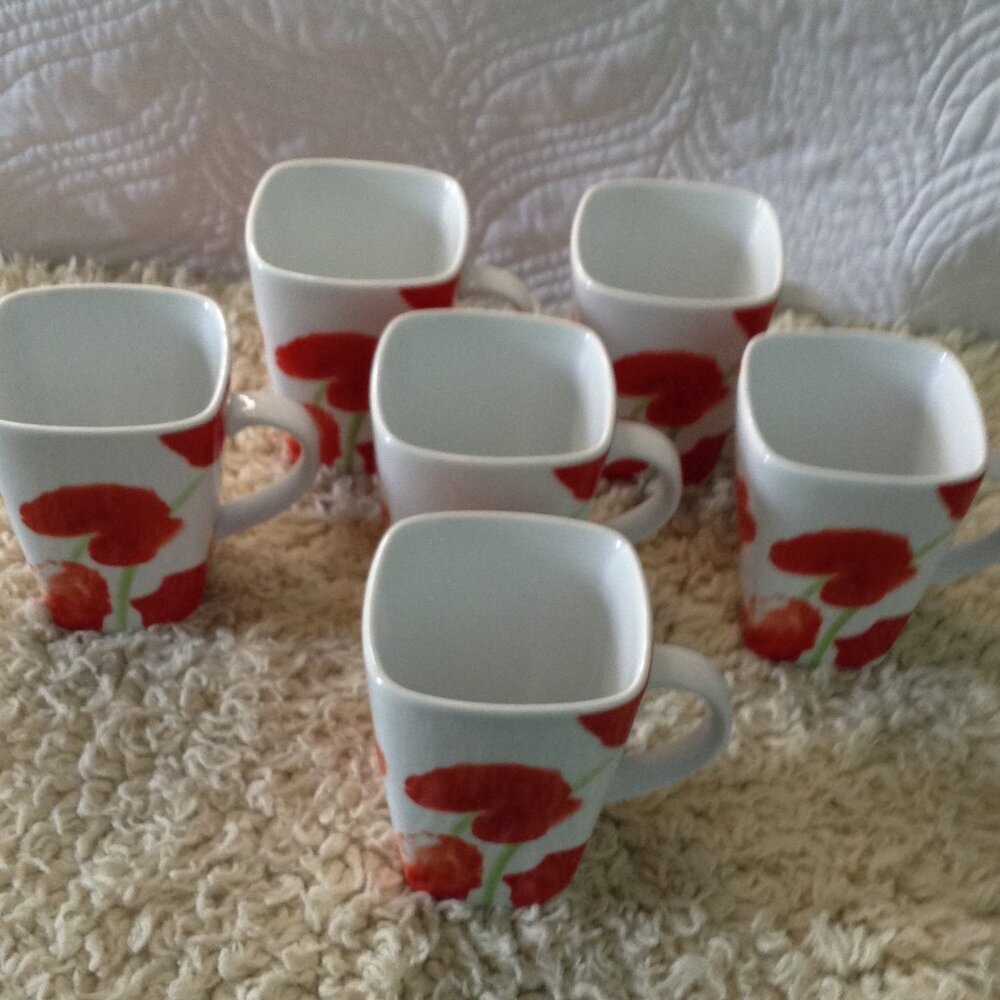 6 Food Network Porcelain Poppies Mugs Festive Trending Elegant Dining Coffee Tea